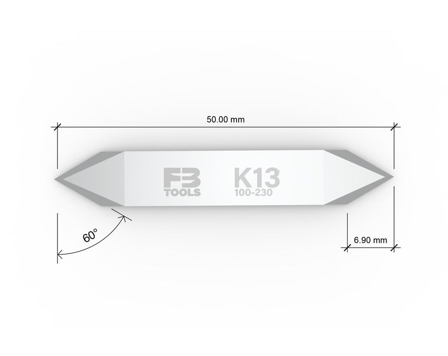 K13 Precision Cutting Blade - Top View with Dimensions for Zund Machines by Flatbed Tools
