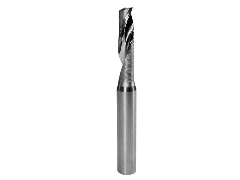 Rs205 router bit designed for precision routing and engraving with a polished single O flute up-cut design, compatible with various materials including Acrylic, Polycarbonate, Aluminum, Dibond, and more. Suitable for Zund, Kongsberg, Colex, Summa, CWT, Cutworx, and Multicam machines.