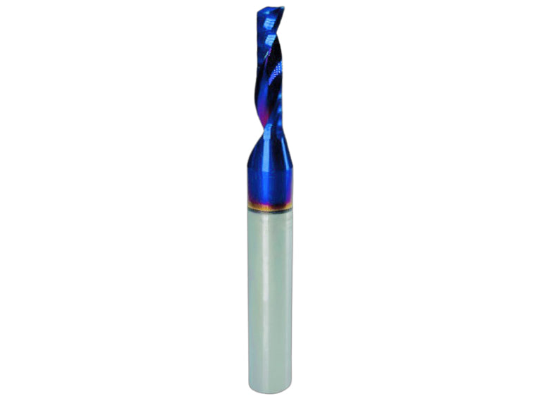 Image of the Rs404 router bit featuring a polished single O flute up-cut design with nACo nanocomposite coating. Suitable for ACM, SCM, Maxmetal, Alumicor, Alumalite, Dibond, and more materials.