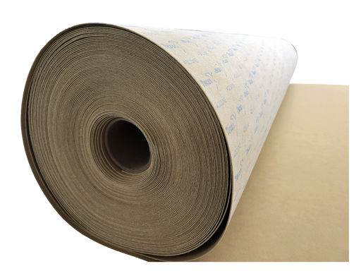 A roll of Aquiline beige felt underlayment for cutting and routing, displayed with measurement details for digital cutting systems compatibility