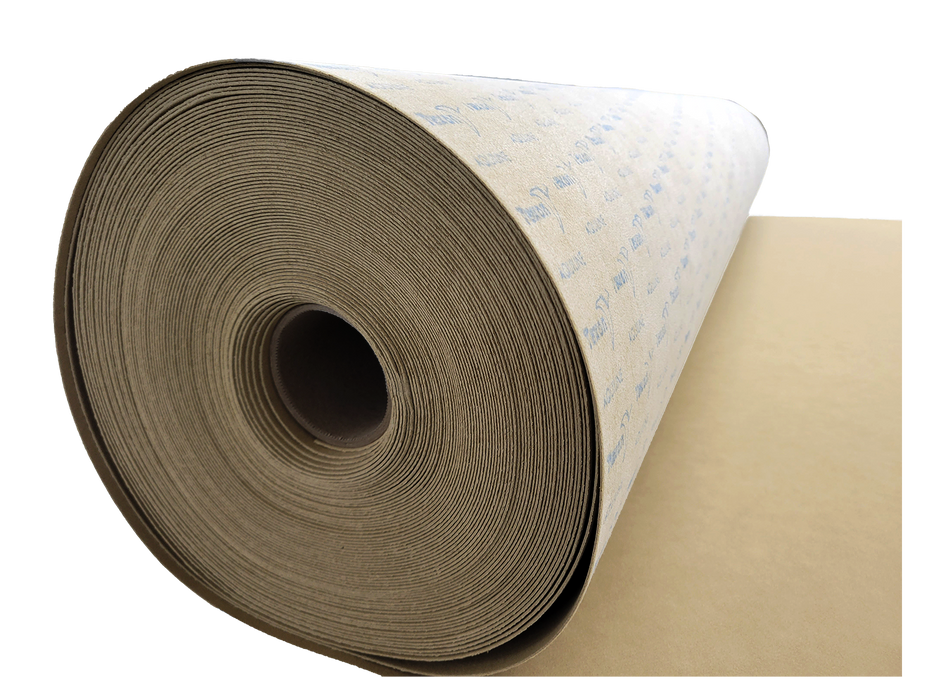 A roll of Aquiline beige felt underlayment for cutting and routing, displayed with measurement details for digital cutting systems compatibility